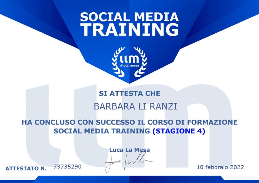 certificato della stagione 4 del Social Media Training - Barbara Li Ranzi BaJT grafica e web social media manager