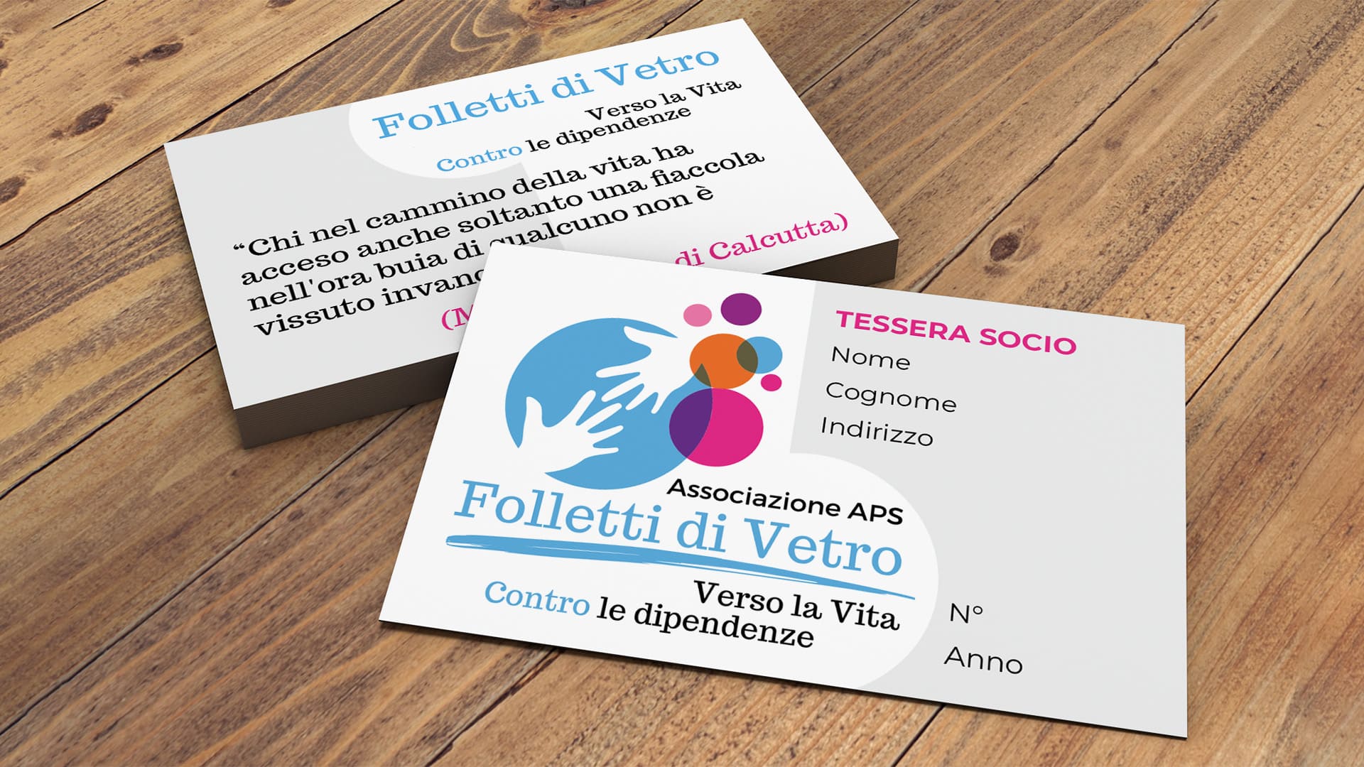 Progetto di grafica editoriale. Tessera associativa con Logo realizzato per estetica Associazione Folletti di Vetro Prato.